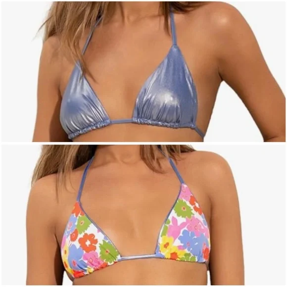 Maaji NWT Reversible Lavender Metallic and Vibrant Floral Triangle Bikini Top