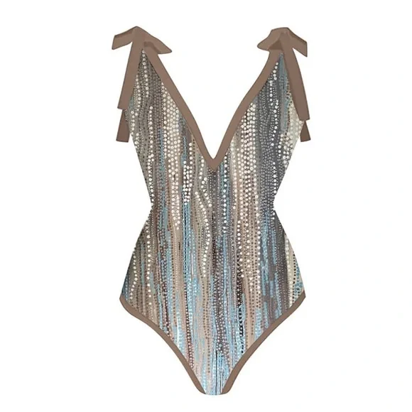 Unbranded Aqua Green abstract print one-piece swimsuit brown Trim Women’s Large