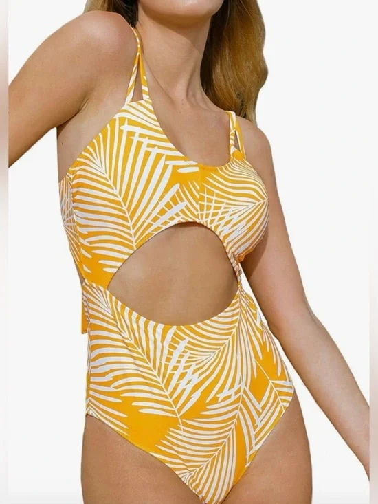 Cupshe NWT Yellow and White Palm Cutout One-Piece Swimsuit