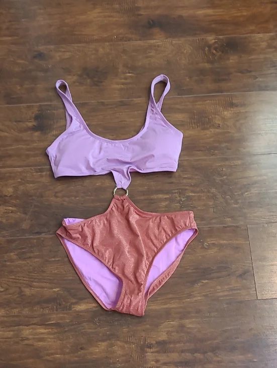 No Boundaries Pink and Rust One Piece Swim Suit w Ring Detail Size Large 11/13