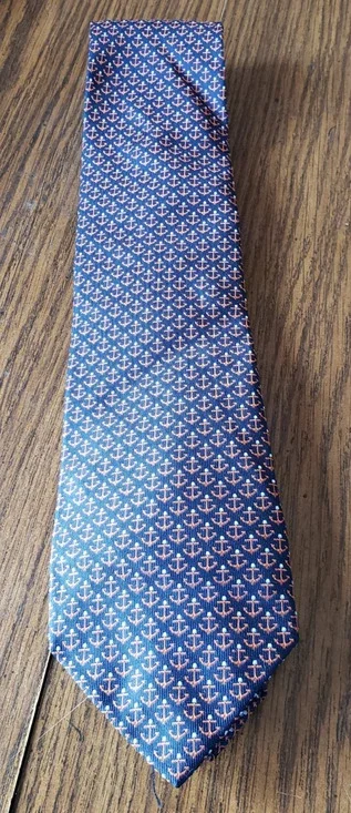 Nautica Blue With Orange Anchors Nautical Design Silk Necktie Tie