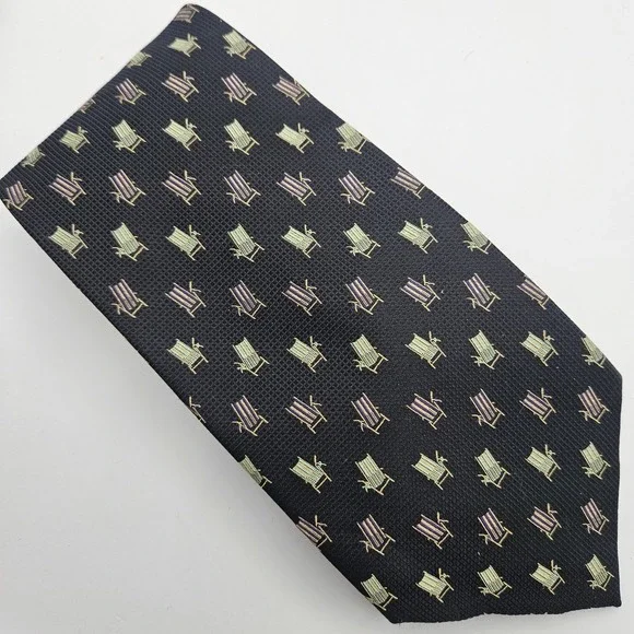 Tommy Bahama Off Island Necktie Mens TieBlack Silk Deck Chair Beach‎ Pattern