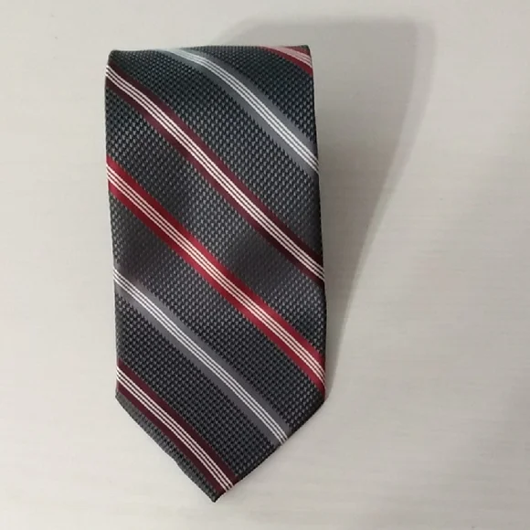 GEORGE Mens Striped‎ Necktie Dark Gray Red White Formal Business Accessory