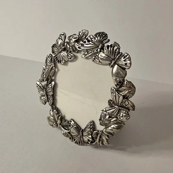 Vintage Silver Butterfly Wreath Round Picture Frame 5.5 Inch Metal Easel Back