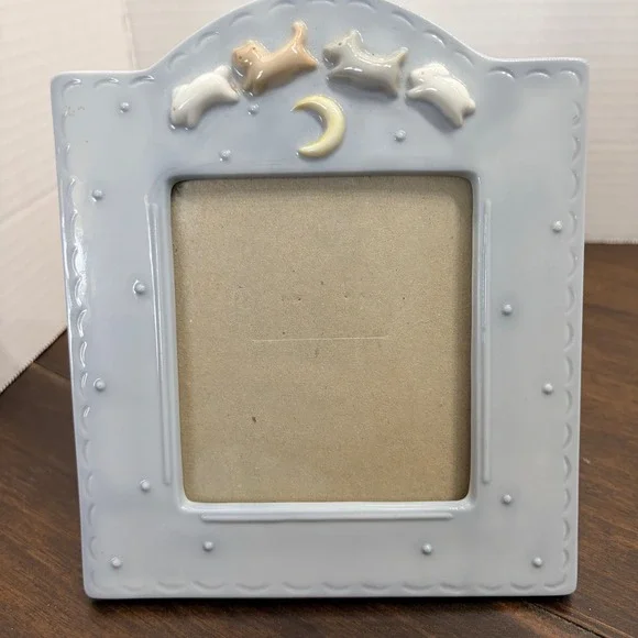Charpente Ceramic  Baby Nursery Pic Frame Blue Animals Moon Cat Dog Rabbit 6.5in