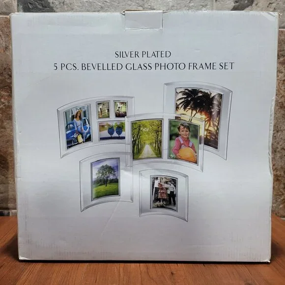 Silver Plated Bevelled Glass Photo Frames Set 5 Pcs