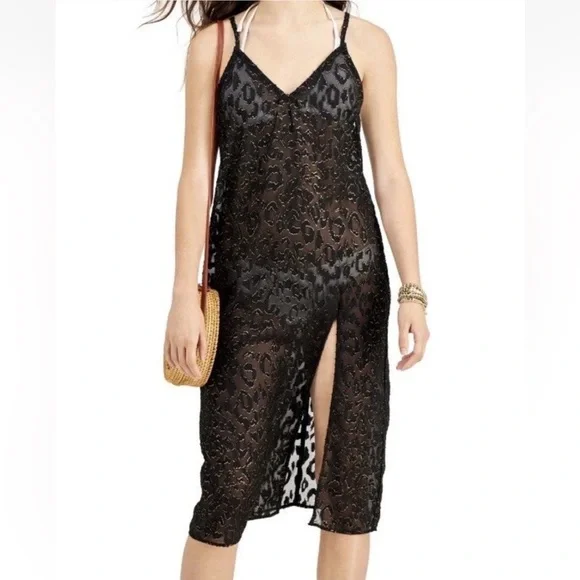 Miken Lurex Animal-Print MIDI Cover-up Dress Black Juniors‎ Large NWT