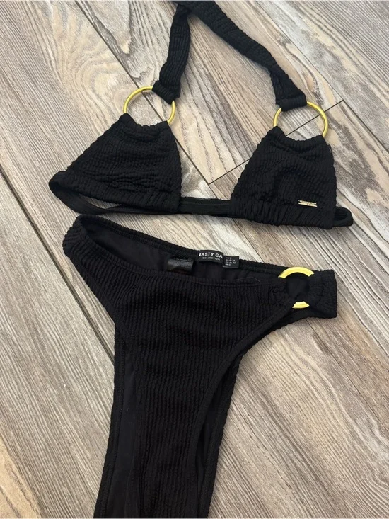 Nasty Gal Black Ribbed Bikini with Gold Ring Detail