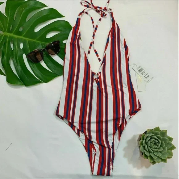 NWT B. Swim [ XS ] Lush Deep Plunge Stripe One‎ Piece Swimsuit in White Red Blue