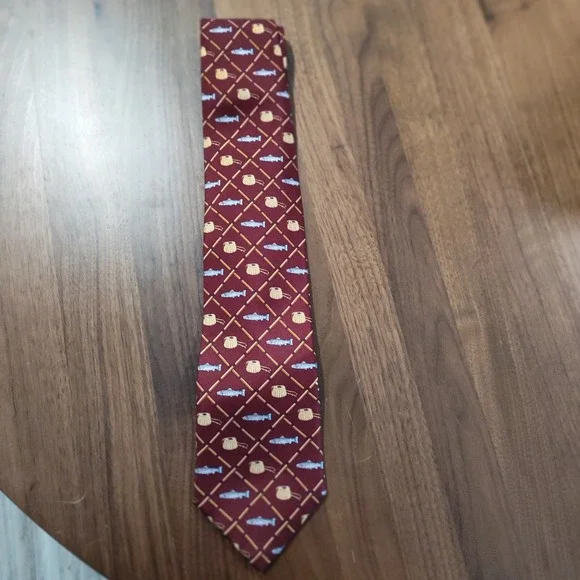 Alynn Neckwear Mens Silk‎ Tie Trout & Creel Fly Fishing Rods Burgundy Novelty