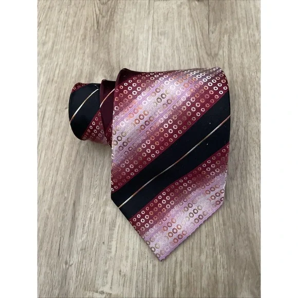 Kenneth Cole New York Mens Silk Tie Burgundy Black Pink Geometric Striped