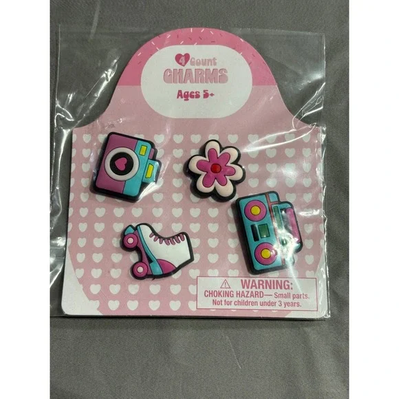 Retro Shoe Charms 4 Pack Camera Roller Skate Boombox Flower Kids Accessories