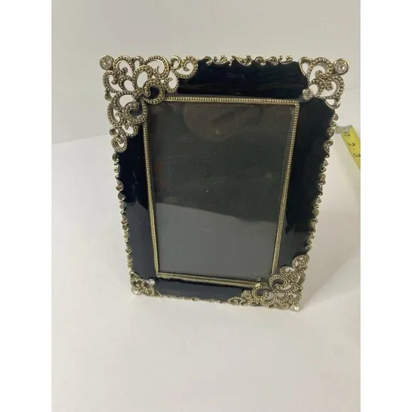 Decorative Table Top Easel Back Frame‎ Black Enamel Rhinestone Gold Tone 4x6