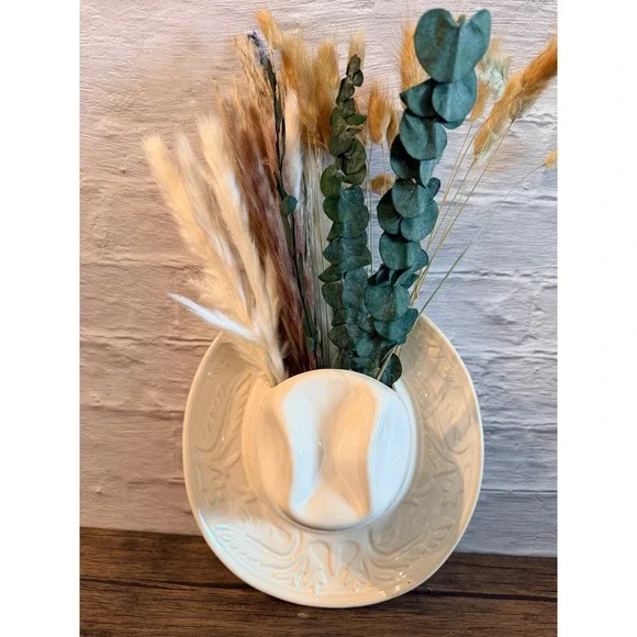 Ceramic Cowboy Hat Wall Pocket Vase Cream Western Boho Decor Embossed Scroll 9in