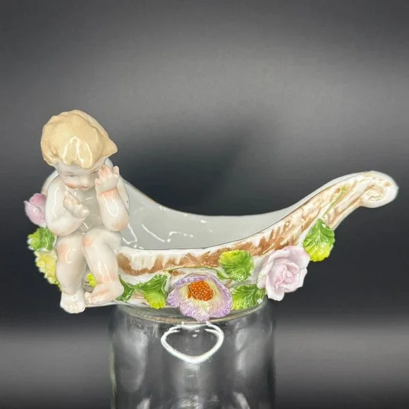 Vintage Cherub Angel Shell Porcelain Trinket Pink Flower Dish‎ Shabby Chic