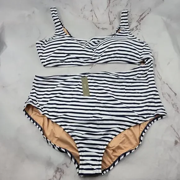 J Crew One Piece 24 3X Blue Striped Square Neck Cut Out Bikini Swim Suit