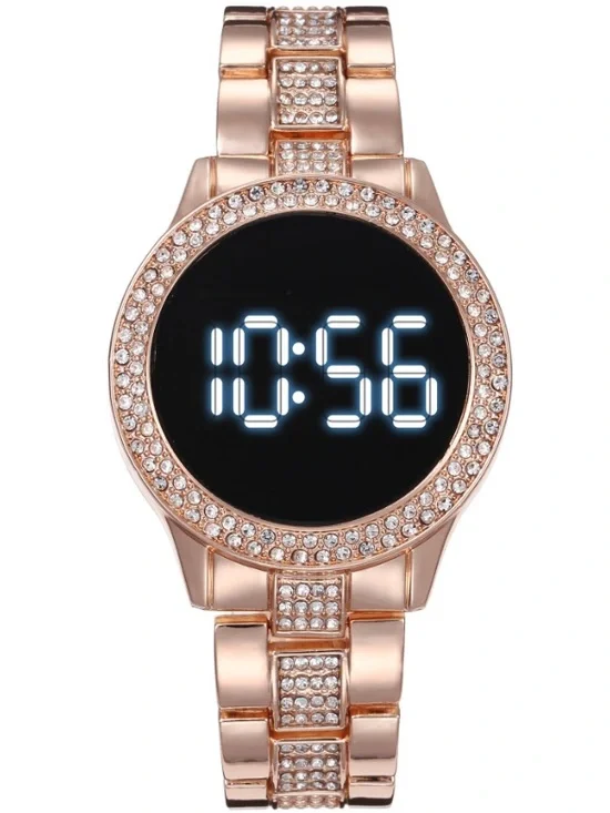 Unisex Women Men Rose Gold Crystal Rhinestone Round LED Metal Strap Timer Watch