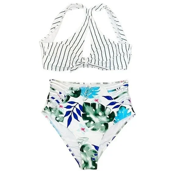 NWT Cupshe Two Piece Swimsuit Tropical Floral Cutout Brief Stripe Halter Top XL