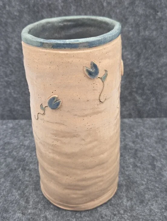 Vintage Hand Thrown Studio Pottery Stoneware Tumbler / Vase Blue Flowers Signed