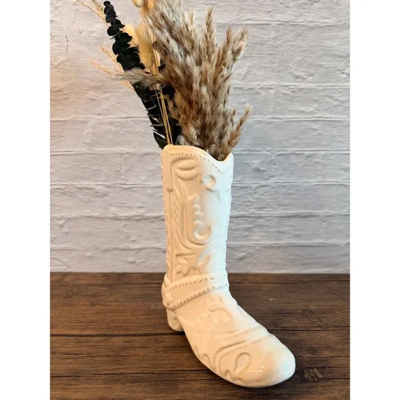 Ceramic Cowboy Boot Vase Cream Western Boho Decor
