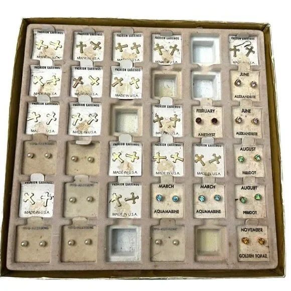 Big Lot Little Girls Pierced Earrings Birthstone Crosses Pearls USA Vtg