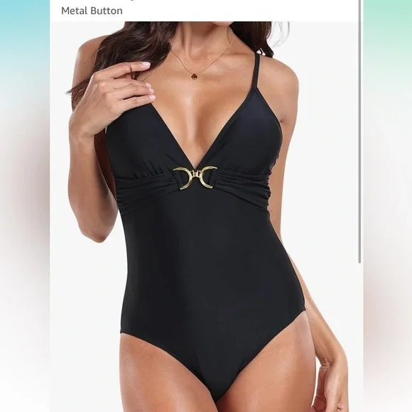 Black One-Piece Swimsuit with Gold Accent