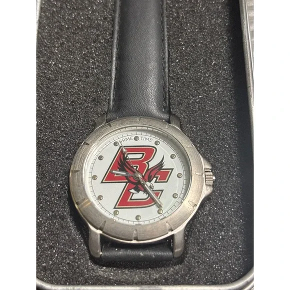 GameTime Men's Boston‎ College Eagles Watch Black Leather Strap Silver Tone