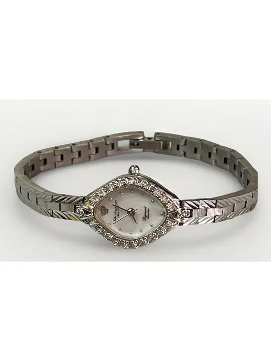 Vintage Jules Jurgensen Silver Tone Quartz Watch Diamond Bezel Women's Bracelet