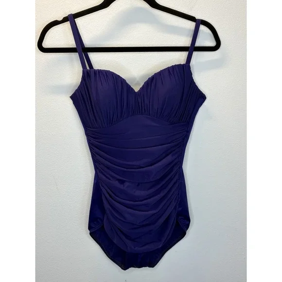 Miraclesuit Swimsuit Size 8 One Piece Purple Azule Ruched Slimming Sweetheart