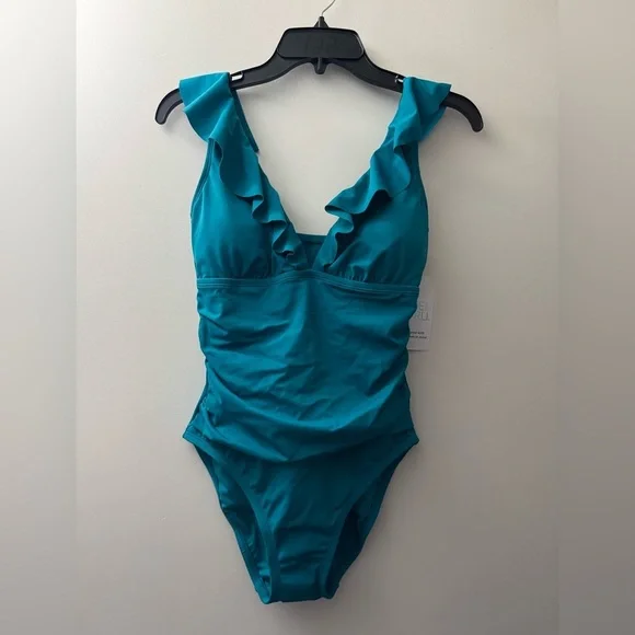 Time and Tru Teal Ruffled One Piece Swimsuit