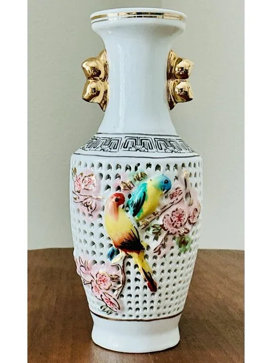 Vintage Chinese Reticulated Bird Vase Gold Handles Porcelain 8.25
