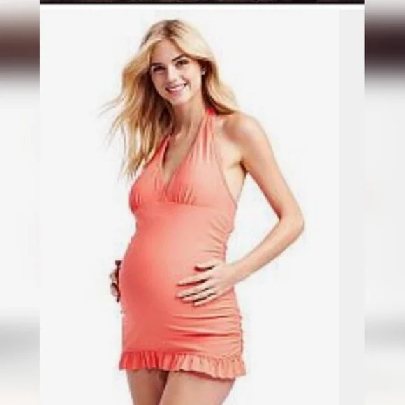 Jessica Simpson Maternity Peachy Pink Halter One Piece Swimsuit