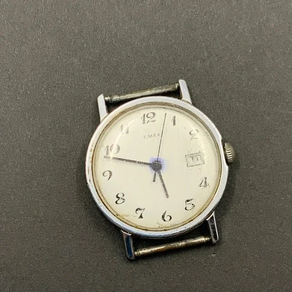 Vintage Timex Manual Wind Watch Date Dial Parts Repair Project Chrome Silver