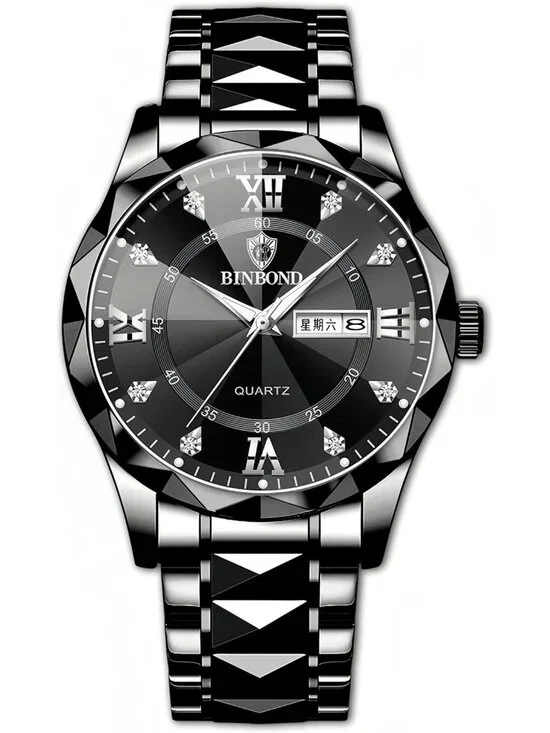 Men's All Black Analog Stainless Steel Roman Numeral Diamond Waterproof Watch