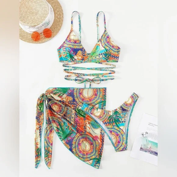 Women's 3 Piece Print Cutout Criss Cross Bikini Swimsuit w Beach Skirt Medium