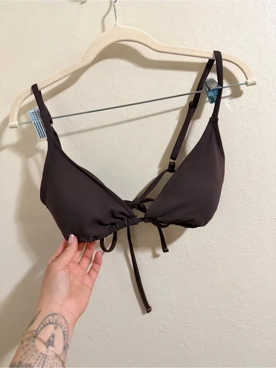 Wilo The Label Chocolate Brown Ribbed Triangle Bikini Top - Size Large