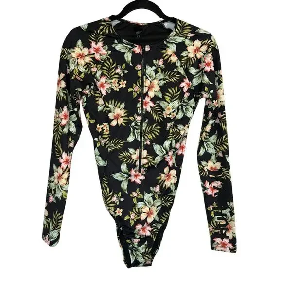 NWT Hurley Floral One Piece Surf Swimsuit Black Size Med Beach Vacation Swimwear