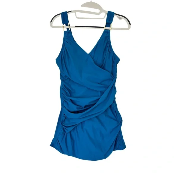 SPANX Swimsuit One Piece Sz 8 Blue Draped‎ Swim Dress Ruched Vacation Slimming