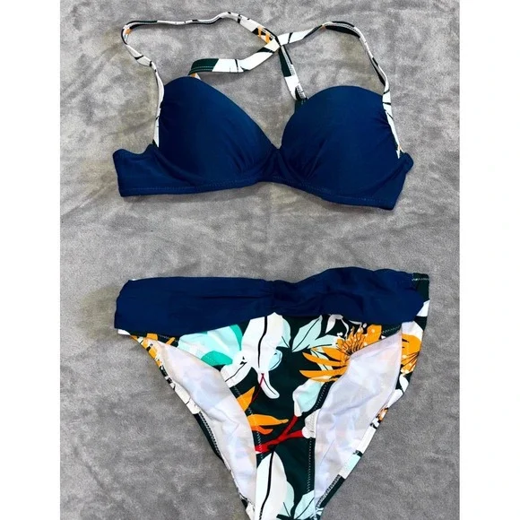 Womens Swimwear High Waisted Bikini Set‎ Small Blue Floral Stretch Beach Padded