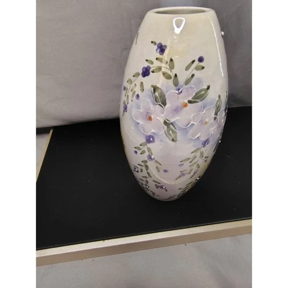 Vintage Hand Painted Floral Ceramic Purple Lavender Flowers Oval Decor Bud Vase