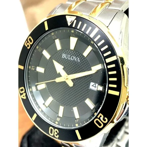 Bulova Men's Watch 98B394 Black Dial Date Quartz Two Tone Stainless Steel 44mm