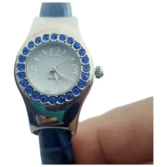 Miyota Quartz Women‎ Watch Cobalt Blue Rhinestone Crystal Face Silver Cuff Band