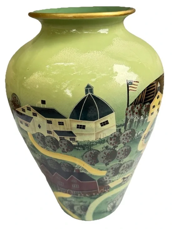 American Folk Art Pottery Vase  11” Rustic Country Farm Green Glossy Horse Flag