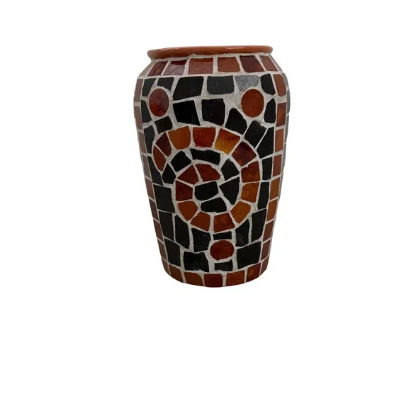 Handmade Mosaic Tile Vase Terracotta Geometric Spiral Earth Tones Boho Decor 9