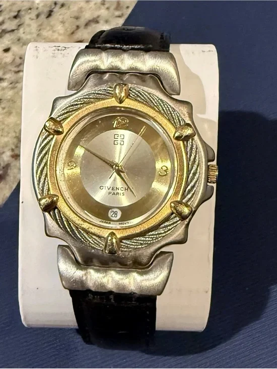 Vintage Givenchy Paris Two-Tone Gold and Silver Dial Watch with Black Leather