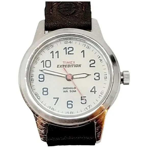 Timex‎ Expedition Indiglo Round Silver Tone Case 26 mm Brown Leather Band Watch