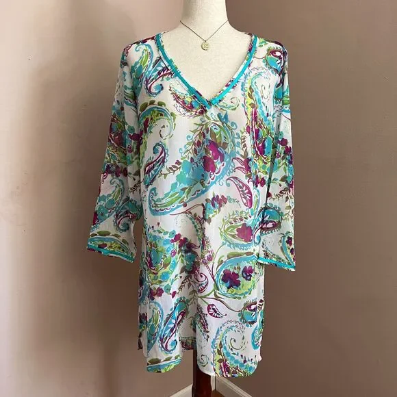 Tommy Bahama Paisley Tunic Cover Up Resort Beach Vacation Blue Purple Size L