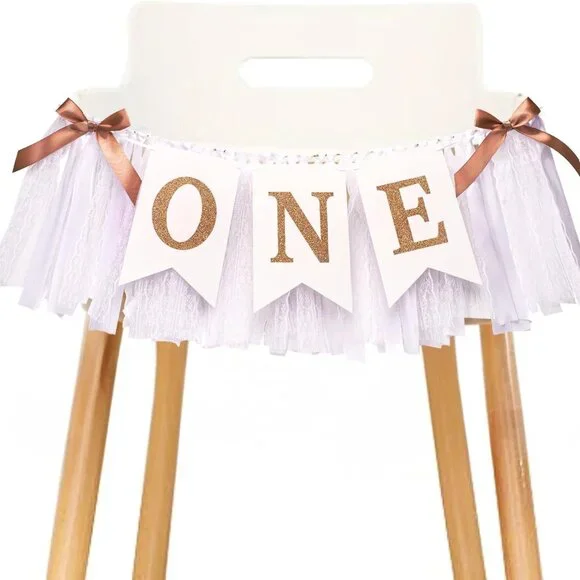1st Highchair Banner,Rose Gold,Blush&White First Birthday Highchair Banner,One Y