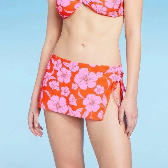 Womens Cinch Side Skirt Cover Up - Wild Fable Orange Pink Tropical Print