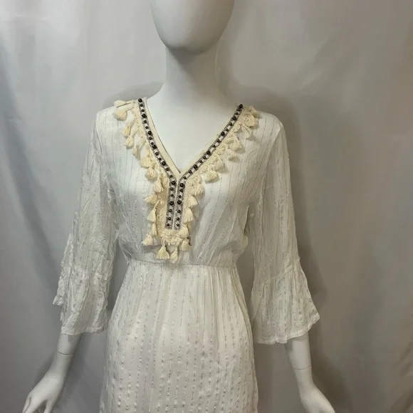 CYN White Boho Tassel Dress Coverup Top with silver shine detail